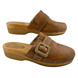 Kelsi Dagger Brooklyn Brown Leather Slip‎ On Mules w Buckle Women's Size 10 EUC